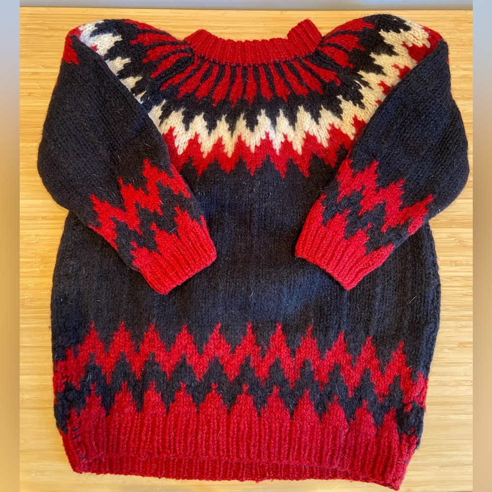 Vintage Hand Knit Chunky Greek Or Icelandic Sweater - Blue & Red - Size M or L